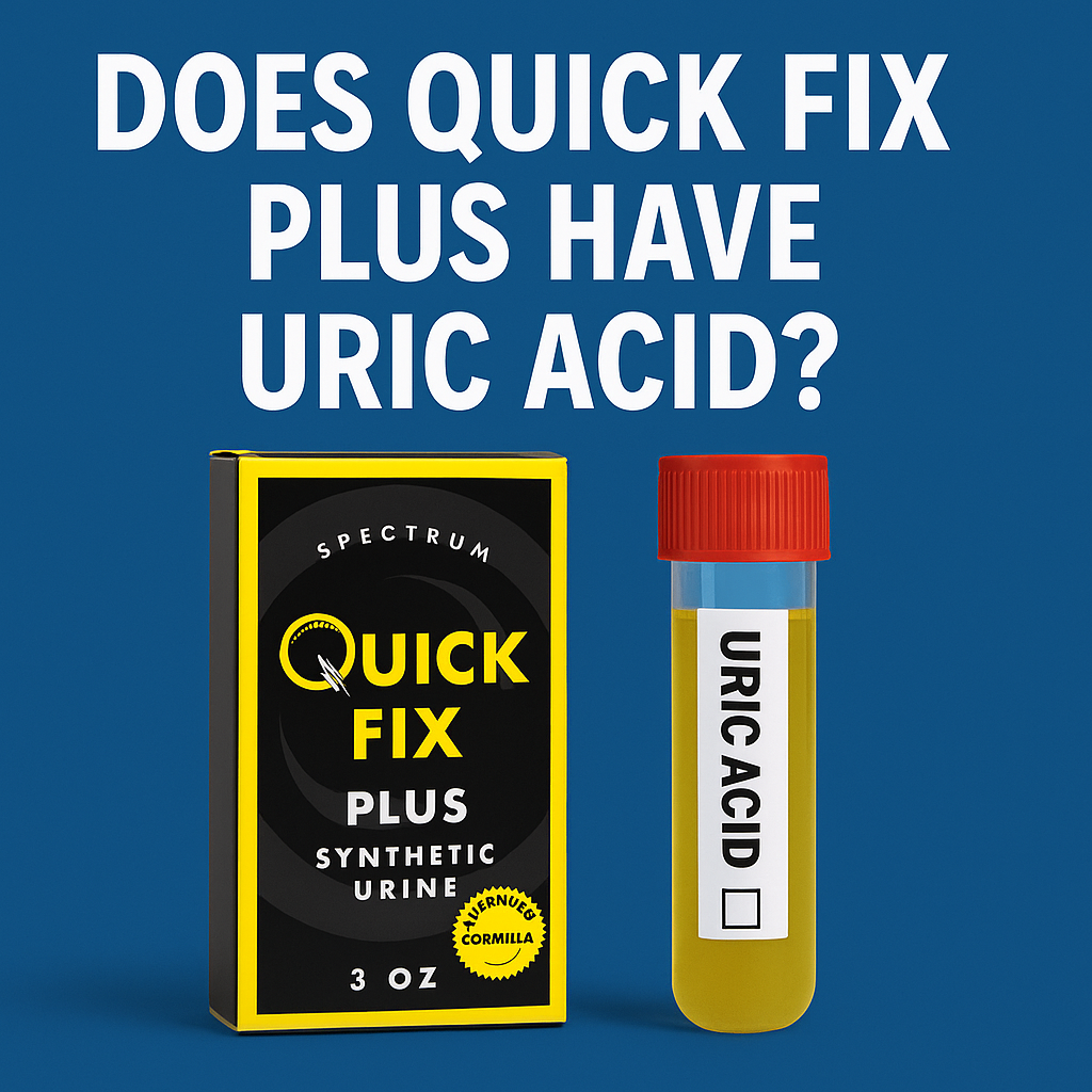 Digital graphic with bold text asking “Does Quick Fix Plus Have Uric Acid?” surrounded by synthetic urine kits, uric acid molecule icon, and lab-themed visuals.