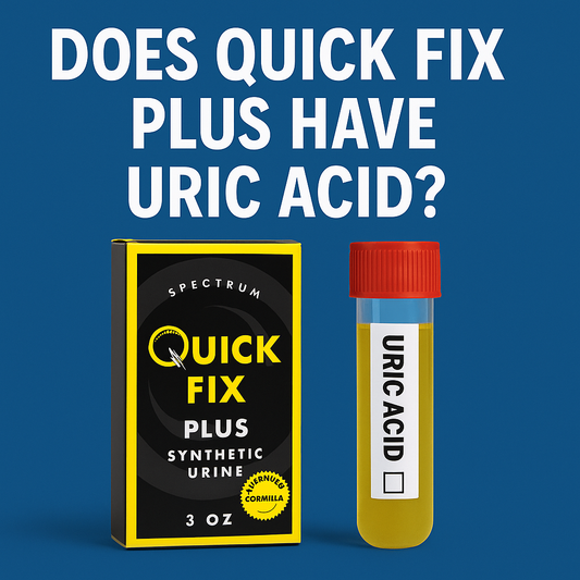 Digital graphic with bold text asking “Does Quick Fix Plus Have Uric Acid?” surrounded by synthetic urine kits, uric acid molecule icon, and lab-themed visuals.