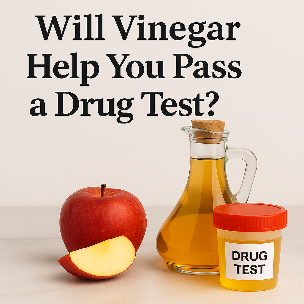 Apple cider vinegar, whole apple, and drug test container on a counter – will vinegar help pass a drug test