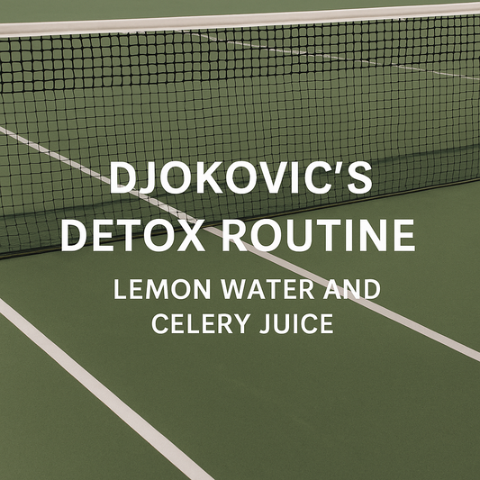 Tennis court with text overlay about lemon water and celery juice detox routine