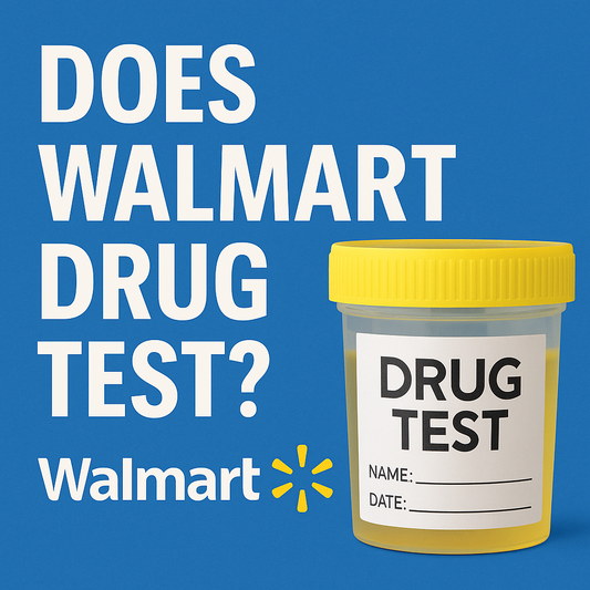 Does Walmart Drug Test Banner featuring logo and urine cup