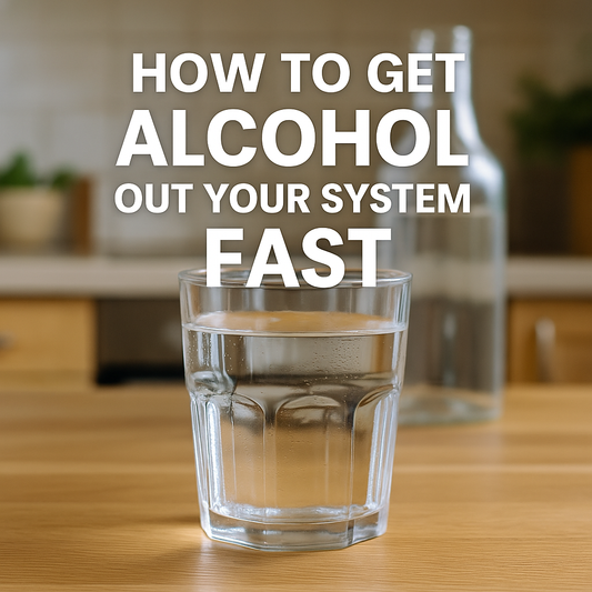 Clear glass of water and detox supplements on table – how to get alcohol out of your system fast