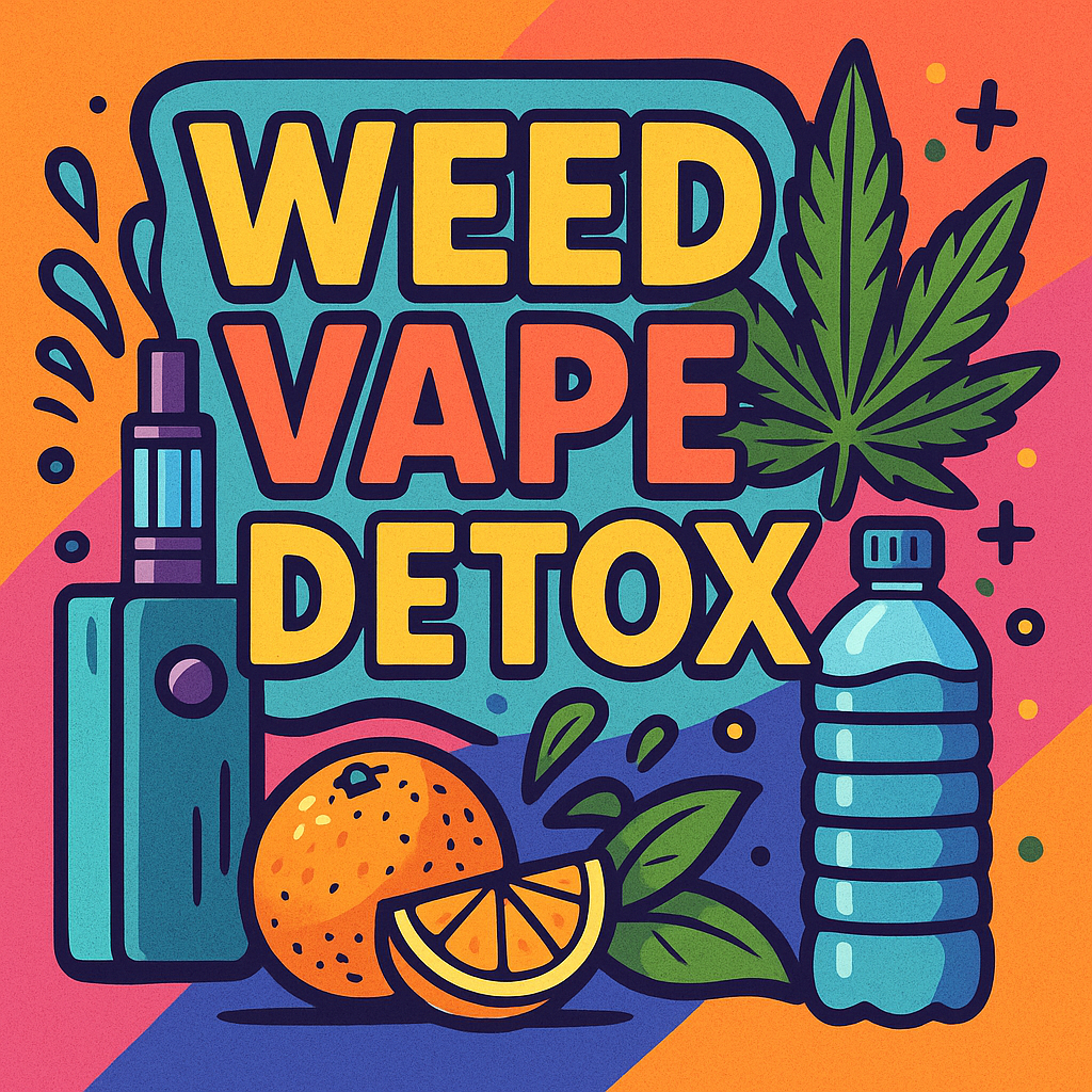 Colorful illustrated graphic showing a weed vape detox theme with a vape device, cannabis leaf, water bottle and oranges on a bright background.