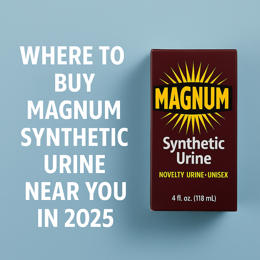 Digital graphic showcasing Magnum Synthetic Urine products with bold text reading "Where to Buy Magnum Synthetic Urine Near You in 2025" and discreet shipping icons
